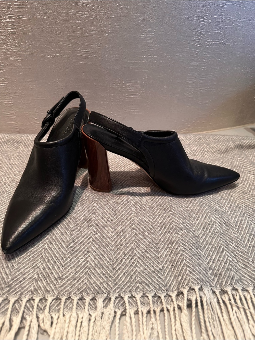 Vince Black Leather Pointed-Toe Slingback Mules with Brown Block Heel